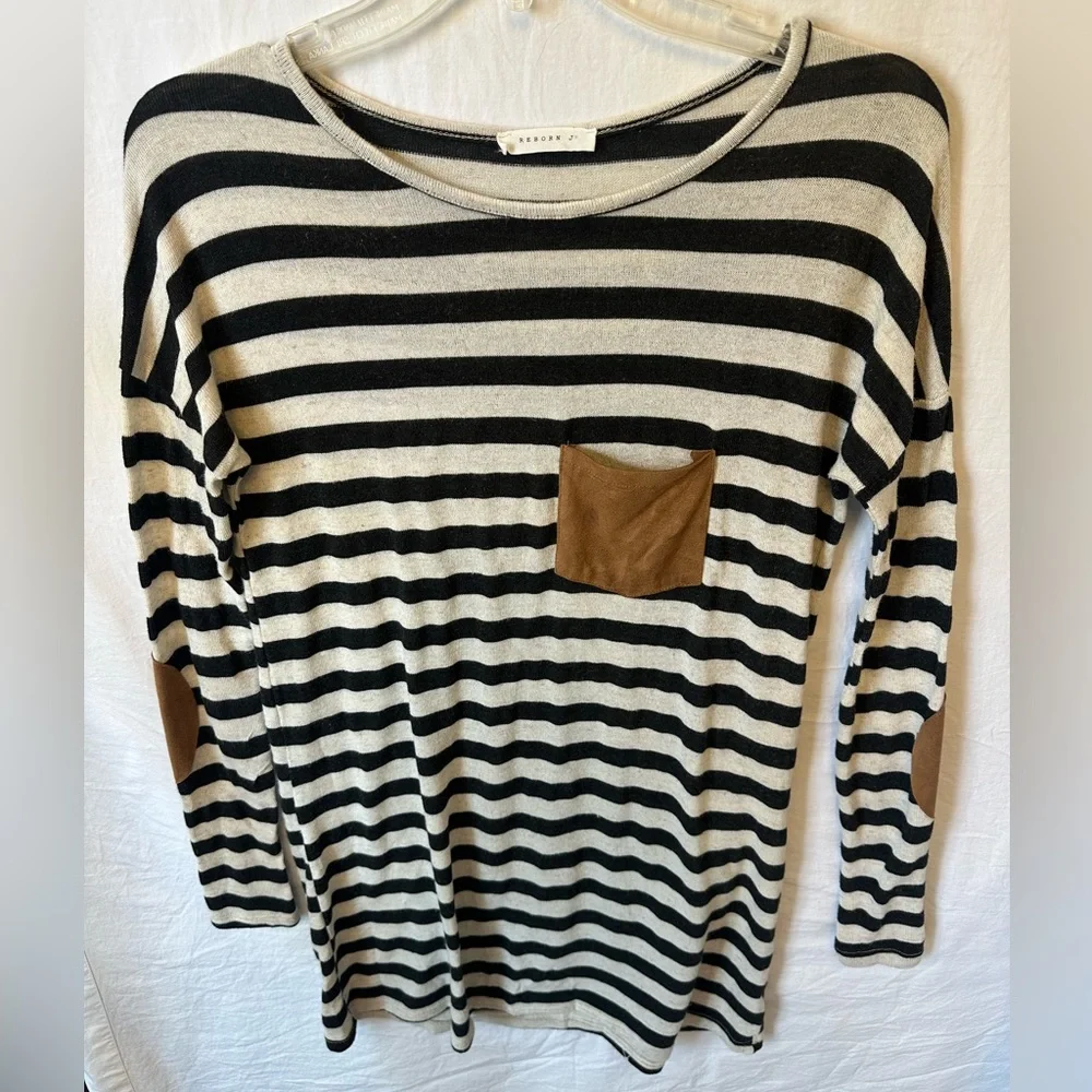 Reborn J Striped Knit Tunic Top w/ Faux Leather Pocket & Elbow Patches Sz Small - Picture 2 of 6